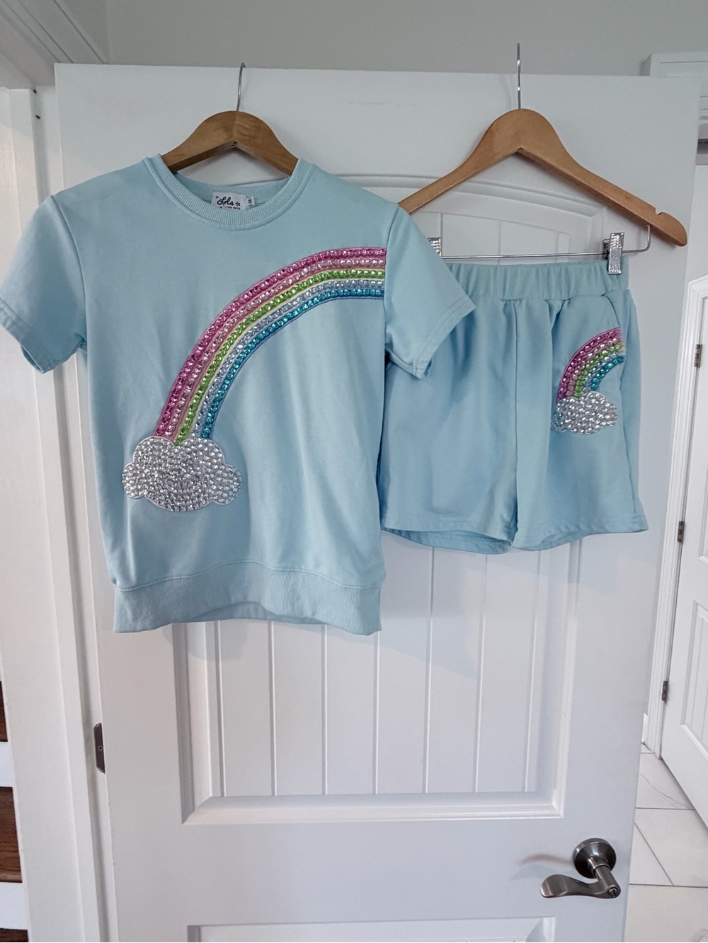 Lola + The Boys Girls 14 Blue Rainbow Rhinestone Matching Short Set